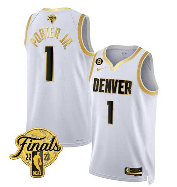 Mens Denver Nuggets #1 Michael Porter Jr. White 2023 Finals Collection With NO.6 Patch Stitched Basketball Jersey Dzhi